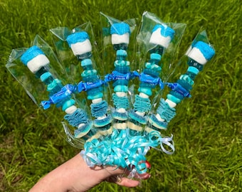 Blaue Zuckerspieße | Gastgeschenke zur Babyparty | Blaue Zuckerspieße | Leckereien für die Babyparty eines Jungen | Gastgeschenke für Geburtstagsfeiern | Ideen für ein Candy-Buffet
