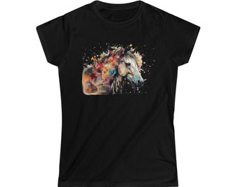 Watercolor Horse with Flowers Women's Softstyle Tee