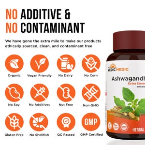 以下が含まれることがあります： 白いラベルに「The Vedic Medic Ashwagandh Extra Strength with blah」と緑色の植物のイラストが描かれた茶色のボトル。ボトルは、有機、ビーガン対応、乳製品不使用、コーン不使用、大豆不使用、添加物不使用、ナッツ不使用、非遺伝子組み換え、グルテンフリー、甲殻類不使用、QC合格、GMP認証など、さまざまな認証を表す白いアイコンが描かれたオレンジ色の円に囲まれています。