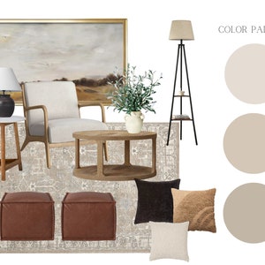 Tablero de estado de ánimo de sala de estar neutral, diseño de interiores virtual, tablero de estado de ánimo de estilo del hogar, puesta en escena virtual, carta de colores de pintura, tablero de compra