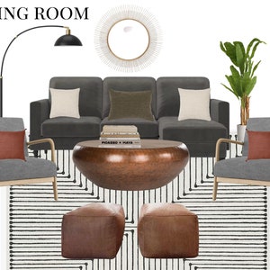 Cómodo tablero de estado de ánimo de sala de estar industrial, diseño de interiores virtual, tablero de estado de ánimo de estilo del hogar, puesta en escena virtual, tablero de compra