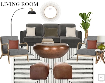Comfy Industrial Living Room Mood Board, Virtual Interior Design, Home Styling Mood Board, Virtual Staging, Shoppable Board