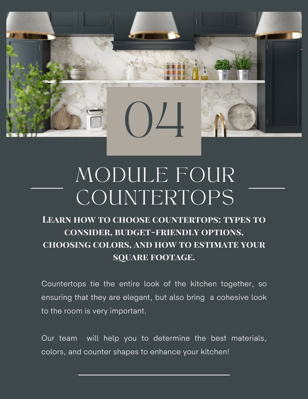 Kitchen Design Course Module 4 countertops granite, Quartzite, Quartz