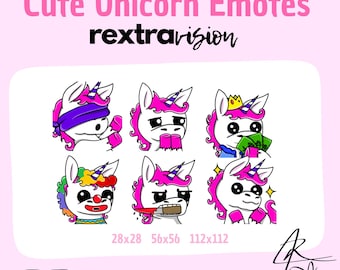 Hand-Drawn Pink Unicorn Emotes: Social Media Avatars (PNG)