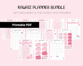 May include: A printable PDF bundle of kawaii planners featuring pink and white designs with clouds, rainbows, and hearts. The planners include a weekly meal plan, monthly meal planner, to-do list, yearly planner, daily planner, weekly planner, and monthly planner.