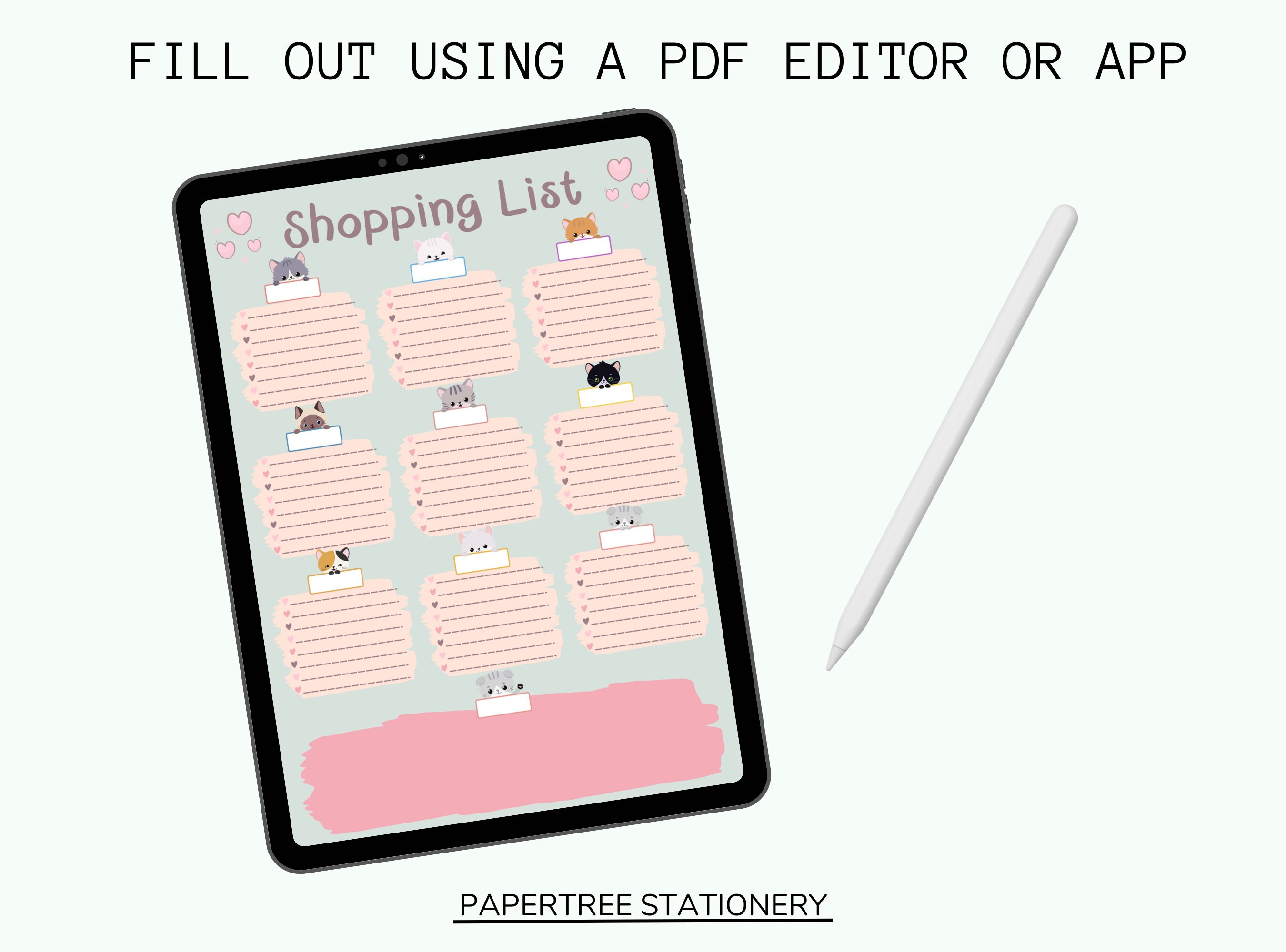 Kawaii Kitty Shopping List Printable PDF | Cute Grocery Planner | Meal ...