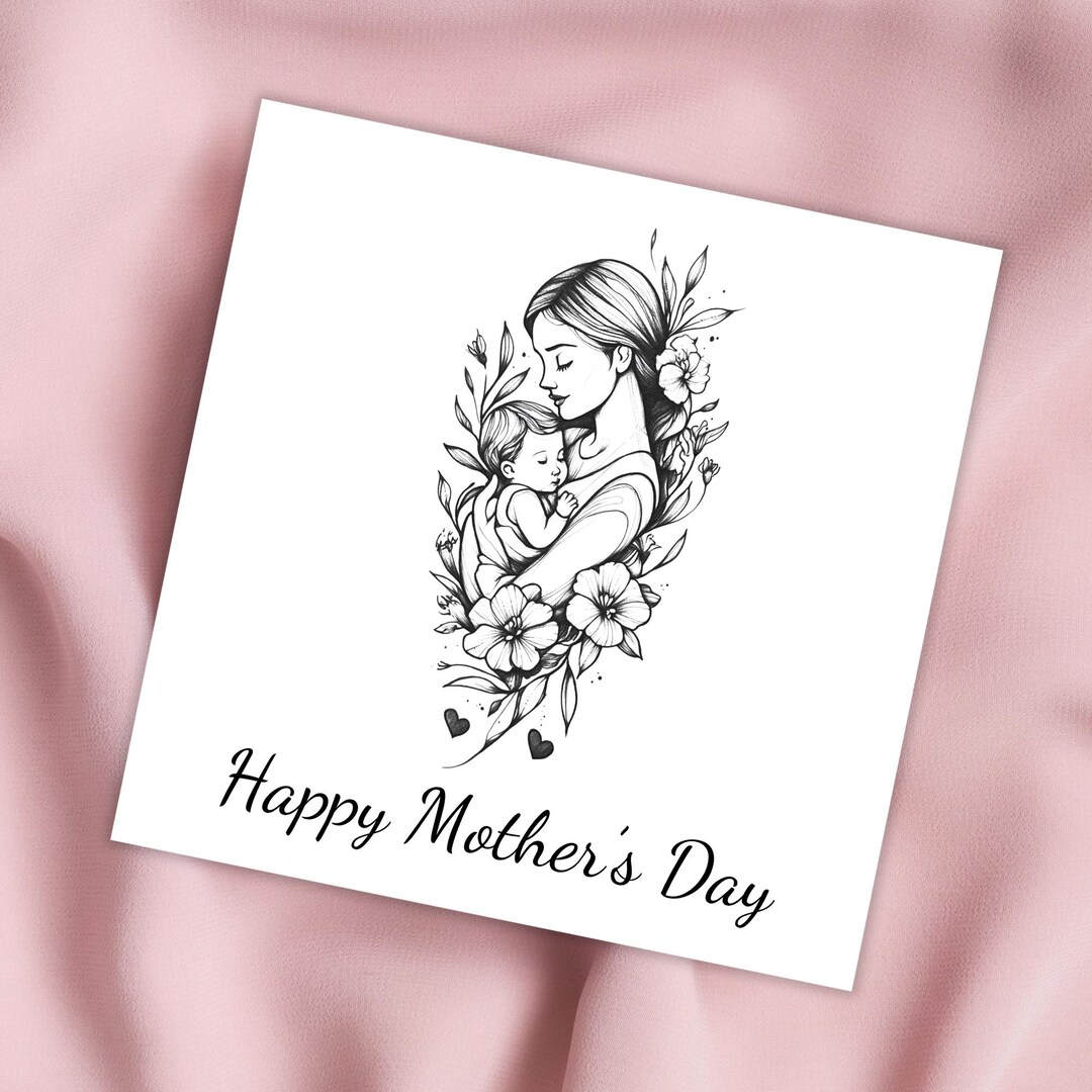 Happy Mother's Day Card Black and White Mother's Day Card Mum and Baby