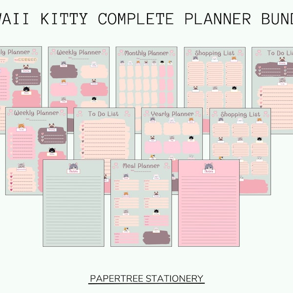 Kawaii Kitty Planer-Bundle | Tagesplaner | Meal Prep | To Do Liste |Einkaufsliste | Jahresübersicht | Druckbare PDF | Sofort Download