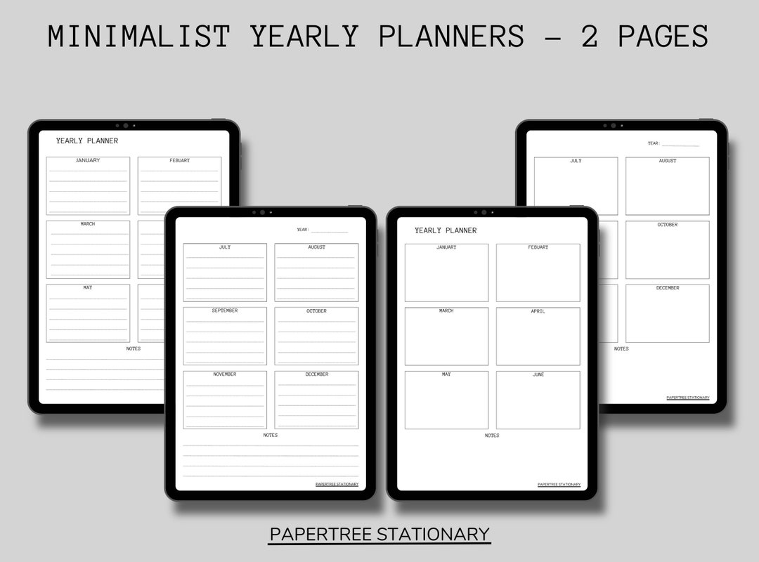 Minimalist Yearly Planner Printable PDF Year on Two Pages Work From Home - Etsy