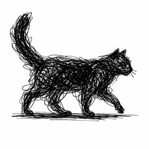 Könnte beinhalten: Illustration einer schwarzen Katze. Das Bild zeigt eine schwarze Katze, die von links nach rechts geht. Die Form der Katze wird durch gekritzelte Linien gebildet, was ihr ein strukturiertes Aussehen verleiht. Der Hintergrund ist schlicht weiß.