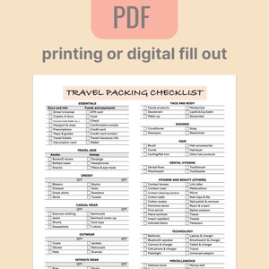 May include: A printable travel packing checklist with categories for essentials, travel aids, dressy, casual wear, outerwear, intimate wear, footwear, accessories, face and body, shower, hair, dental hygiene, hygiene and beauty, technology, and miscellaneous. The checklist is designed to help travelers pack for a trip.