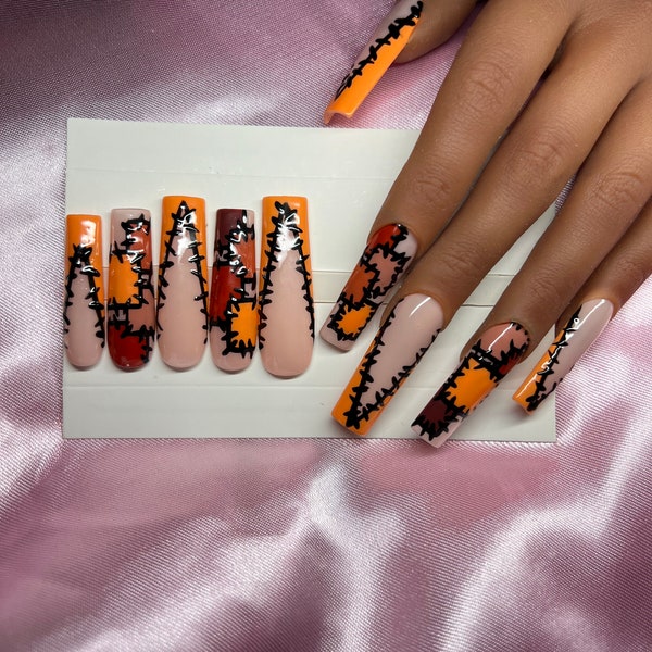 Orange Bob Wire Nails | Squared Nails | Gel & Acrylic Nails | Customized Art | Press On Nails | XL Nails (XL Square) | Reusable Press on Set