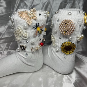 Bey Hive Junk Socks | Blinged Out Charms | Pearls | Fashionable Pendants | Rhinestones | Variety of Colors | Adults | Teens | Sizes: 4-13 |