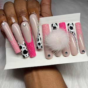 XXXL Pink Glitter Nails  | French Tips | Cow Print | Pink Nails | Pom Pom Ball | Reusable Press Ons | Rhinstones | XXXL (Squared)