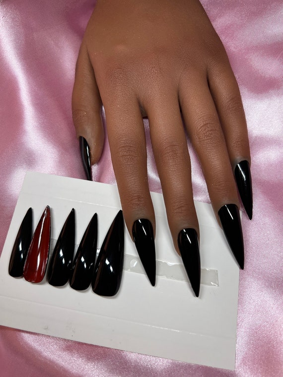 Wsimily Wiederverwendbare Stiletto-Kunstnägel – Schwarz, 24 Stück – Perfekt Für Partys & Besondere Tage