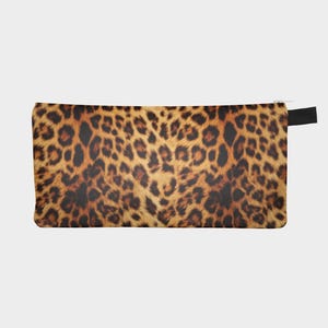 May include: A brown and black leopard print zipped pouch. The pouch is made of a soft, durable fabric and has a zip closure.