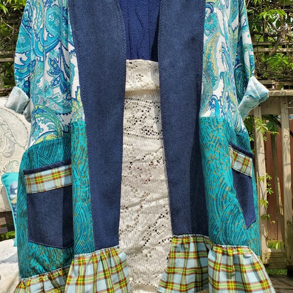 Recycled Boho Festival Jacket Plus Size Whimsical Summer Wrap Cotton Sweater, Handmade Recycled & Vintage Cotton fabrics into Wearable Art