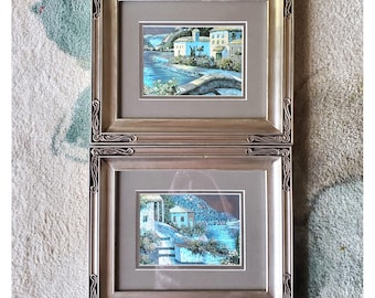 2 VTG Mediterranean Sea Side Foil Art Prints Silver Tone Ornate Frames DBL Mat