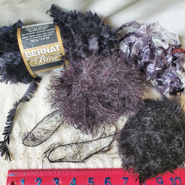 Yarn Lot Destash Bernat Black Boa Fur, 2 Eyelash Fun Fur with Sparkle 12 oz yarn lot , art fiber, tassels, crochet, knit or crafting!