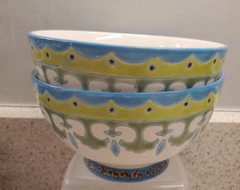 2 Artistic Accents Rice Soup Salad Dutch Wax Hand Painted 6" Bowls Footed Base