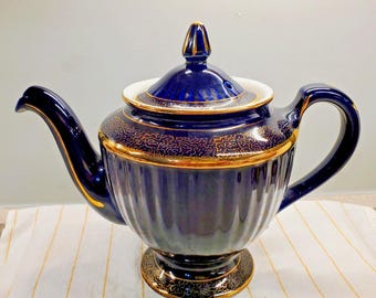 Vintage Hall Teapot Ribbed Cobalt Blue w/22K Gold USA #083 8 Cup MCM Art Deco