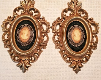 2 Vtg Burwood Wall Plaque Victorian Framed Cameo Arabesque Romantic Brooch Style