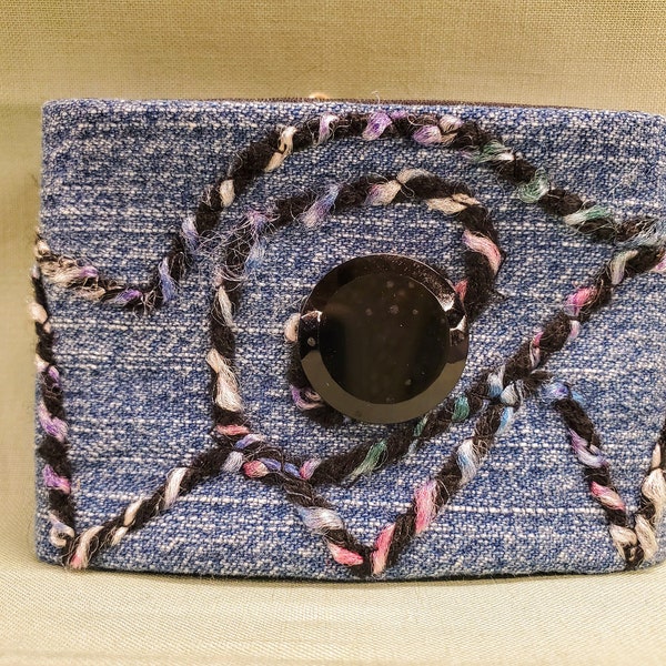 Vintage Fabric Cuff Boho Bracelet Made from Recycled Denim, Yarn Bits & Pieces. Large Antique Jet Button into a Unique Work of Art