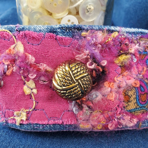 Vintage Scrappy Fabric Cuff Boho Made from Recycled Denim, Silk, Yarn Bits & Pieces into a Unique Work of Art