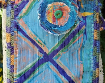 Fabric & Crochet Fusion Crossbody or Shoulder Bag. Unique Design Raw Silk,  Crocheted Purse. Boho  Mod Art Deco Wearable Art Handbag.