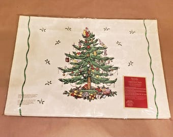 4 Spode Christmas Tree Placemats 13x19 Cream Holly Jaquard Print Original PKG