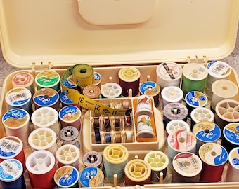 Vintage Sewing Thread Box Spools Bobbins Case Wilson WIL-HOLD Ceramic Thimbles