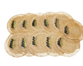 11 Vintage 70's Woven Natural Raffia Coasters 5" Green Embroidered Straw Leaf