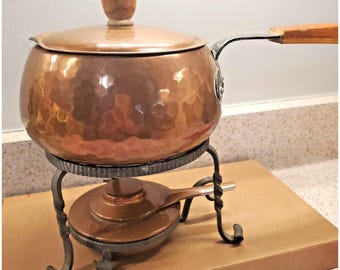 VTG Stockli Netstal Swiss Hammered Copper Fondue Pot Chafing Dish Stand Burner