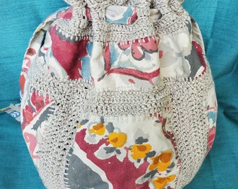 Fabric & Crochet Fusion Drawstring Bag Unique Design Crocheted Purse. Boho crossbody or shoulder wearable art handbag