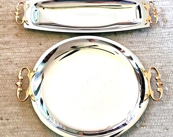 2 VTG Kromex Chrome Serving Trays Gold Handles Mid Century Modern Round Oblong