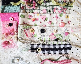 Summer garden ivory pink green hand torn fabric ribbon, butterflies bees, lace & art fibers slow stitch, junk journals, snippets, clusters