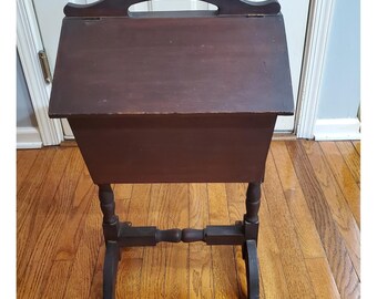 Vintage Standing Wood Sewing Box Hinged Lid Top Handle Filled w Sewing Notions