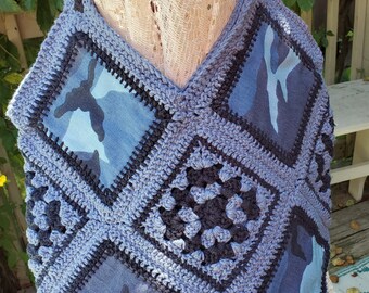 Denim Camo Fabric & Crocheted Fusion Granny Square Bag Unique Design Crocheted Purse. Shoulder or Hand held Hippie Boho Fun Wearable Art