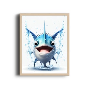 Baby Blue Marlin Printable, Sea Animals, Printable Drawing, Poster Printable, Wild Animals PNG, Animal Illustration,Print for Kids