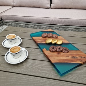 Unique Handmade Epoxy Resin Food Display Board Serving Platter Beauty Room Display made with Pear Tree Wood and Turquoise Epoxy Resin