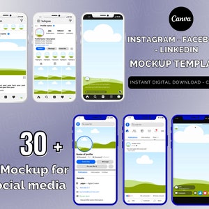 May include: A mockup template for social media featuring a blue and white phone screen with a green landscape and a white cloud. The text "INSTAGRAM - FACEBOOK - LINKEDIN MOCKUP TEMPLATE" is displayed in black text on a white background. The text "INSTANT DIGITAL DOWNLOAD - CANVA" is displayed in black text on a white background.