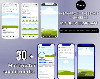 May include: A mockup template for social media featuring a blue and white phone screen with a green landscape and a white cloud. The text "INSTAGRAM - FACEBOOK - LINKEDIN MOCKUP TEMPLATE" is displayed in black text on a white background. The text "INSTANT DIGITAL DOWNLOAD - CANVA" is displayed in black text on a white background.