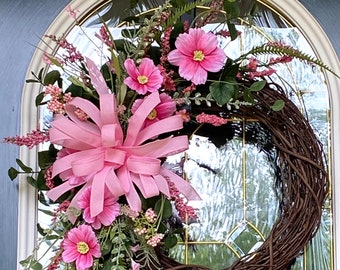 Pink Floral Grapevine Wreath for Front Door, Everyday Spring Summer ...