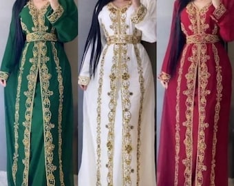 Venta Marrón Marroquí Dubai kaftans Farasha Abaya Atuendo africano Dama de honor Ropa de fiesta árabe Caftanes de boda Forma Vestidos Pañuelo para la cabeza gratis