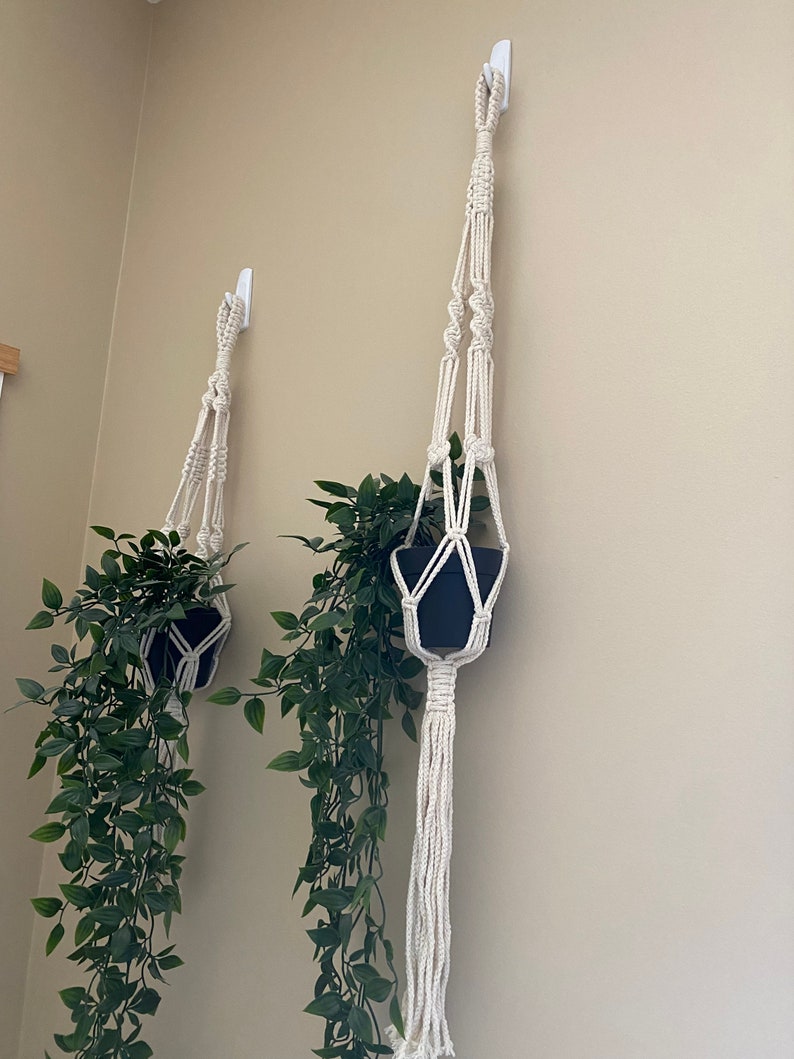 Pode incluir: Dois suportes de plantas de macram&eacute; com vasos pretos e plantas verdes pendurados em ganchos brancos em uma parede bege.