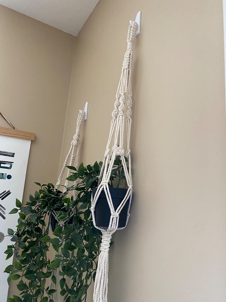 Pode incluir: Dois suportes de macram&eacute; para plantas com uma planta verde em um deles. Os suportes s&atilde;o feitos de corda de algod&atilde;o branco natural e est&atilde;o pendurados em ganchos brancos em uma parede bege.