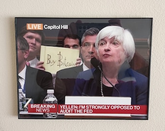 Buy Bitcoin Sign Guy with Secretary Yellen Framed Print