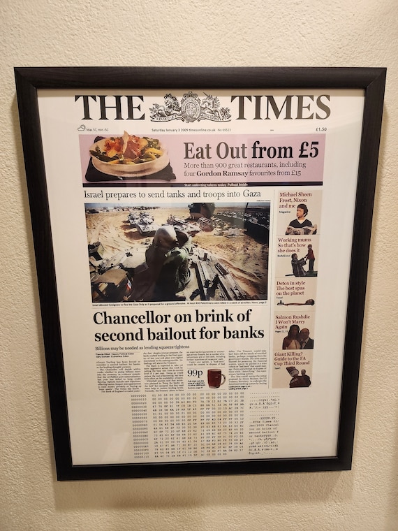 The Times 03/jan/2009 & Bitcoin Genesis Block 17x22