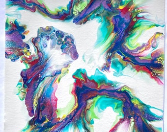 Original rainbow abstract acrylic painting on canvas,  18x18 inches, Dutch pour wall art