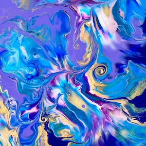 Purple, pink, blue, and gold Fluid art acrylic Dutch pour painting on purple background on 11”x14” canvas with epoxy resin topcoat